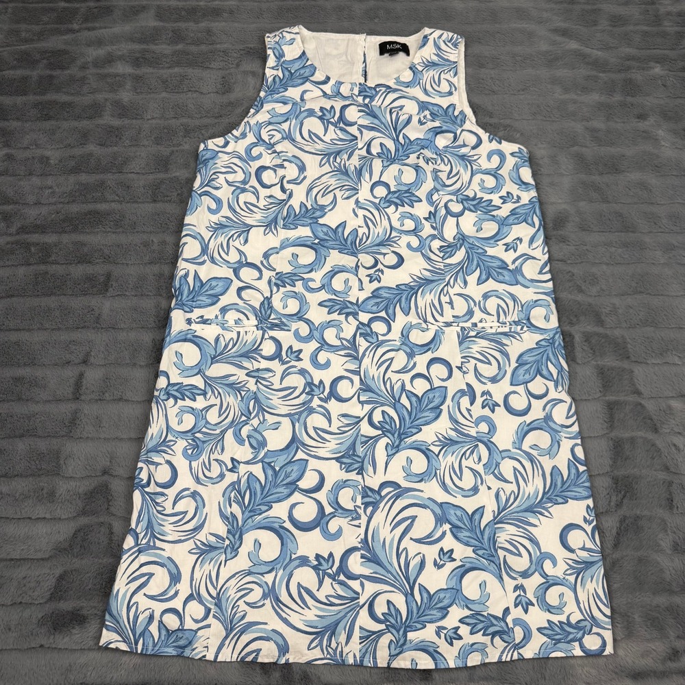 MSK Blue White Scroll Floral Cotton Sleeveless Shift Dress Pockets Womens Medium